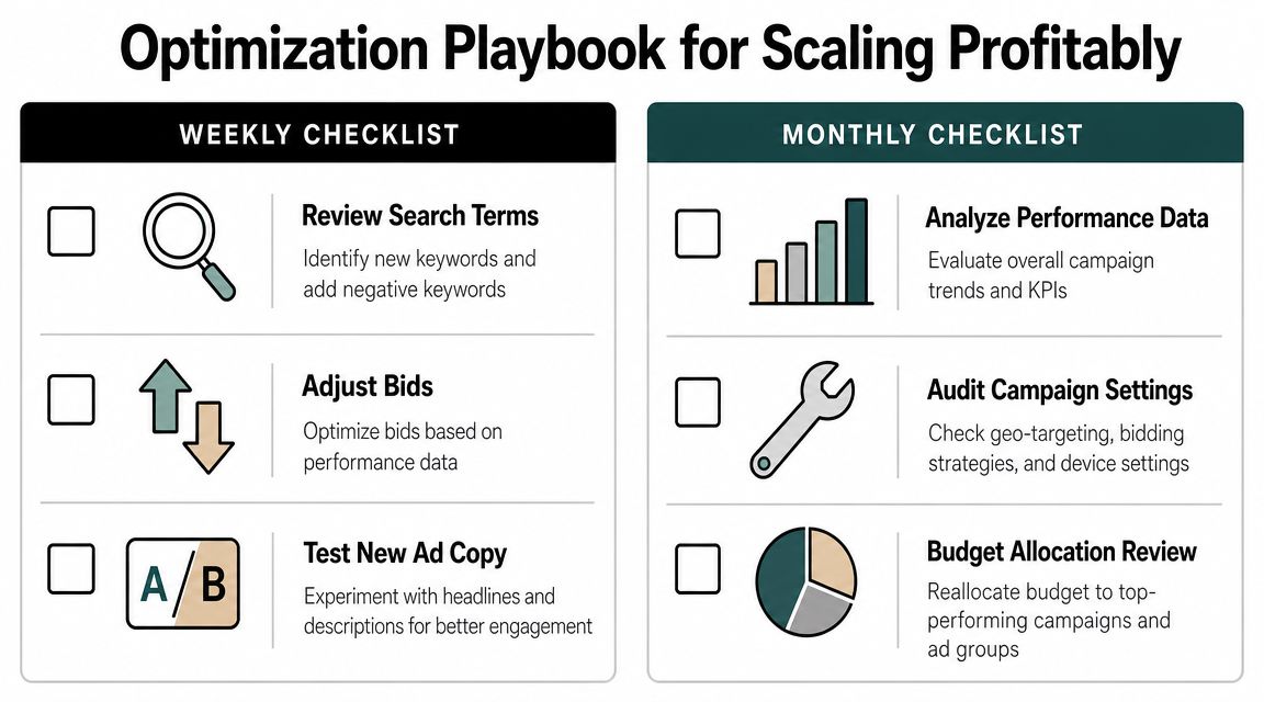 An optimization playbook infographic showing weekly and monthly checklists for scaling Google Ads campaigns profitably.