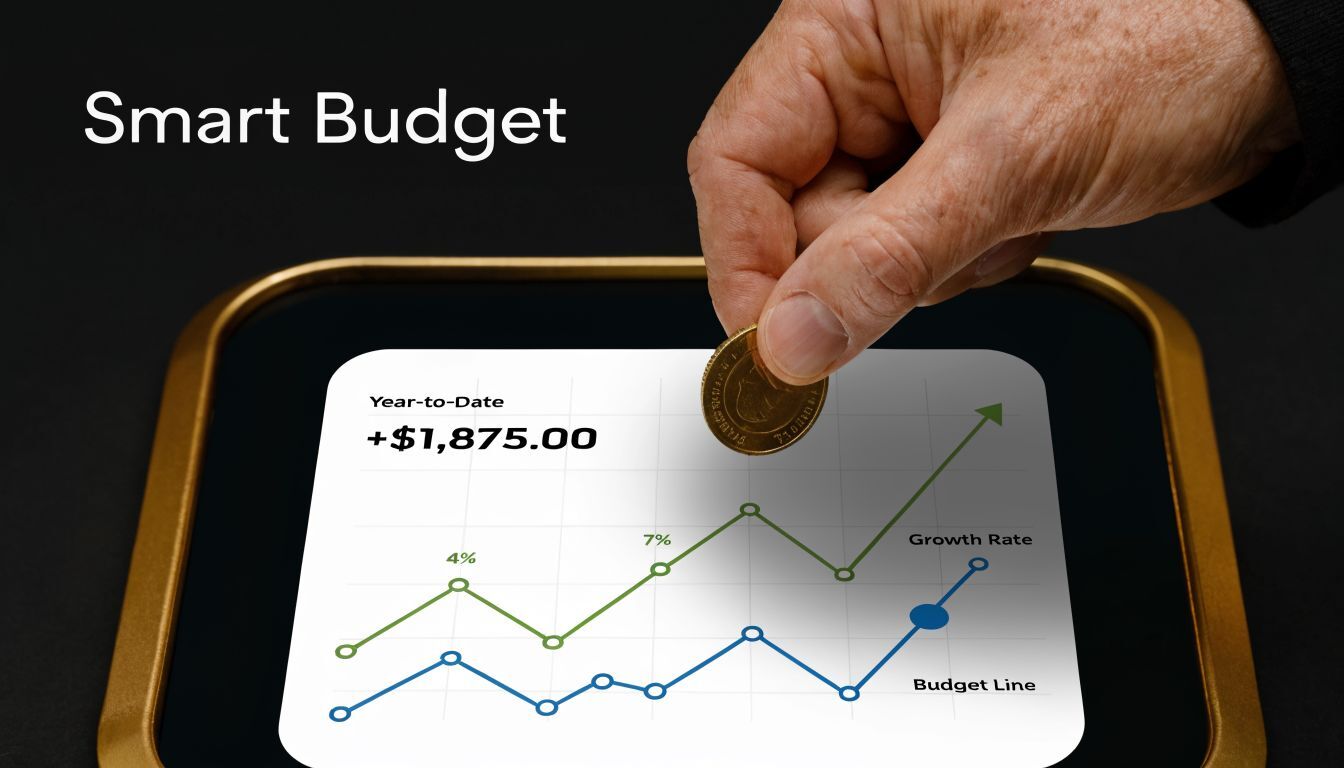 A hand placing a coin onto a digital tablet displaying financial growth and budget tracking charts.