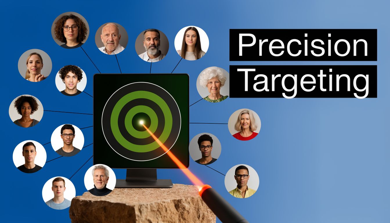 A digital screen with a target center connected to diverse people portraits representing precision online advertising.