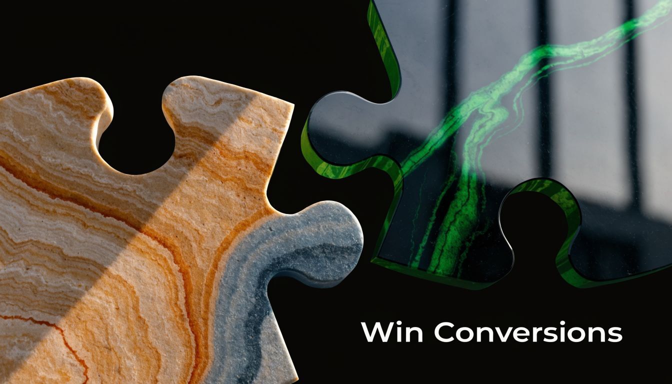 Two marble puzzle pieces fitting together against a black background with the text Win Conversions.