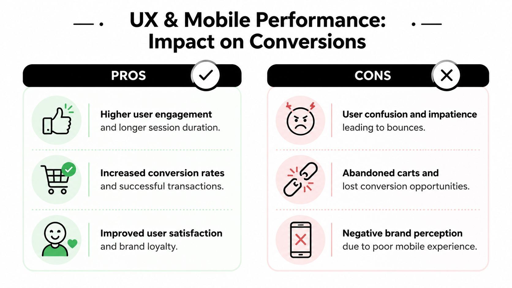 An infographic comparing pros and cons of mobile UX and performance impact on user conversions.