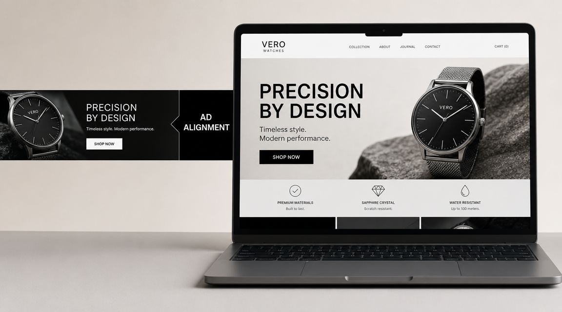 A laptop screen displaying a VERO watches website landing page alongside a corresponding digital advertising banner design.
