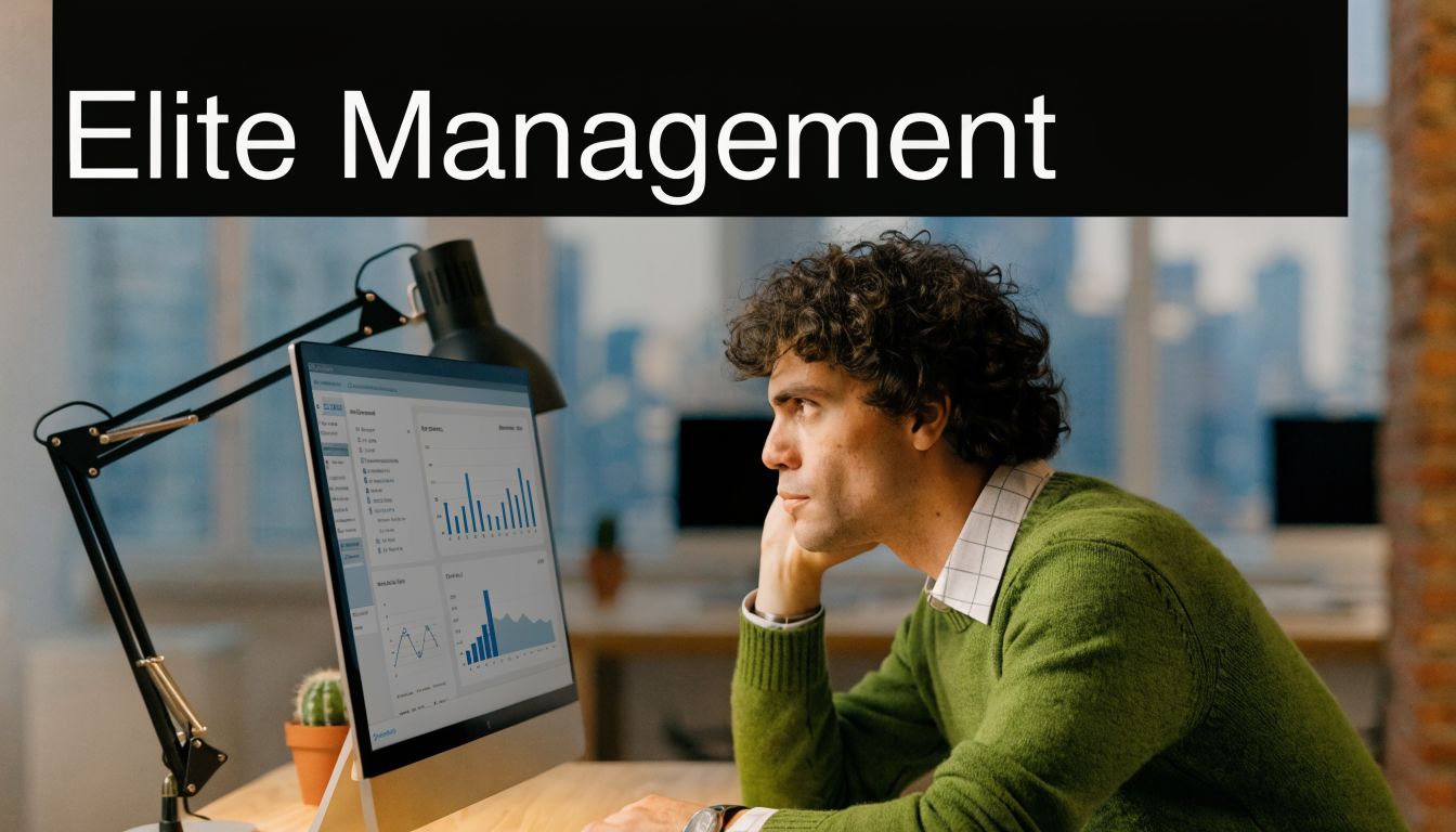 A professional man with curly hair analyzing business charts on a computer screen in an office.