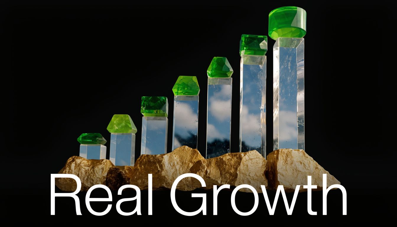 A bar chart made of crystal columns topped with green gems on gold rocks representing real growth.