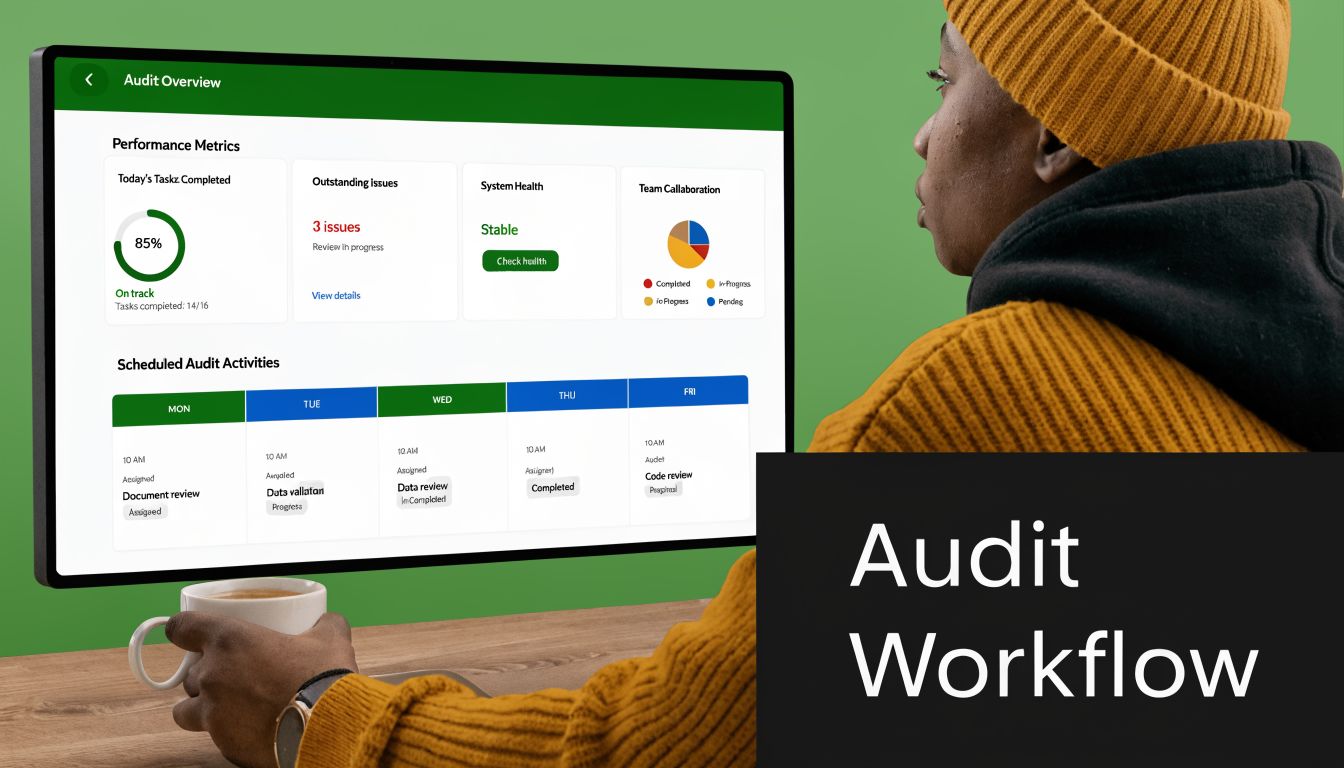 A person viewing an audit workflow performance dashboard on a monitor while holding a coffee cup.
