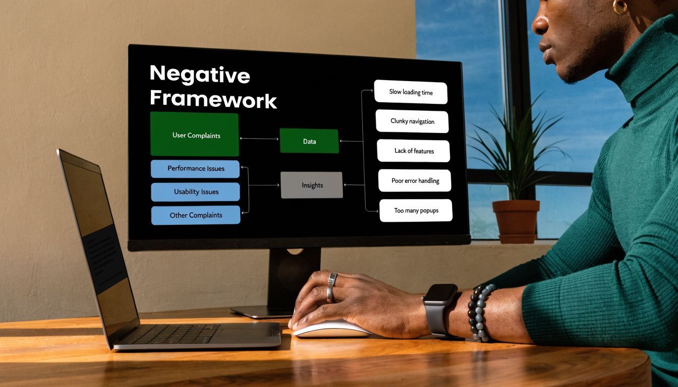 A person viewing a Negative Framework chart on a monitor, explaining user complaints and website data insights.
