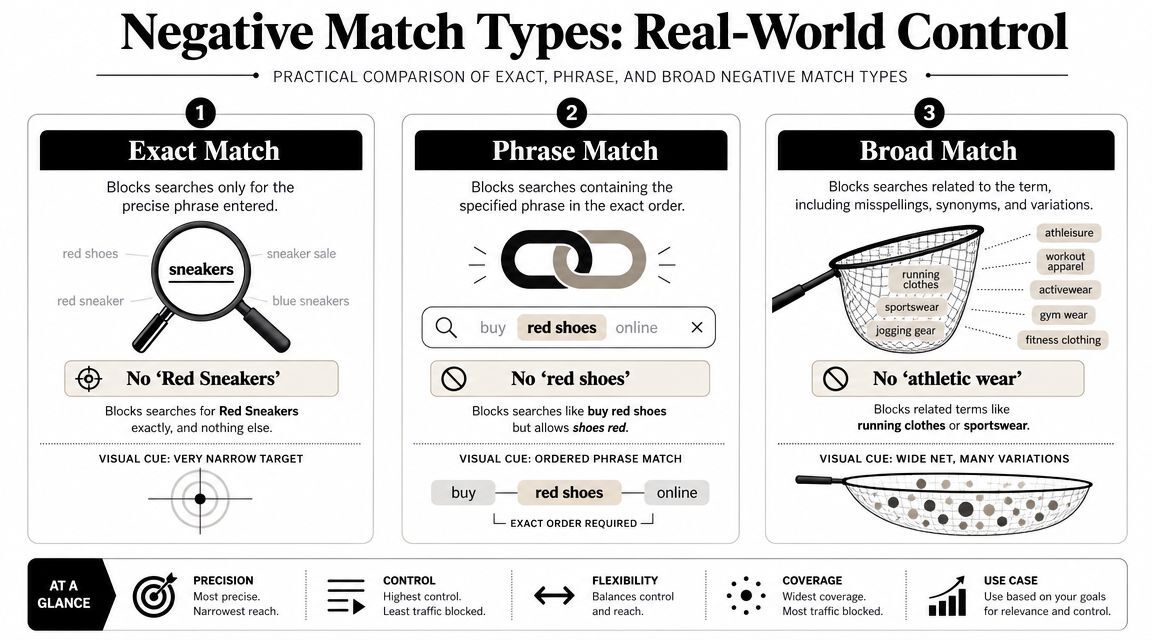 An infographic showing the differences between exact, phrase, and broad negative match types for Google Ads.