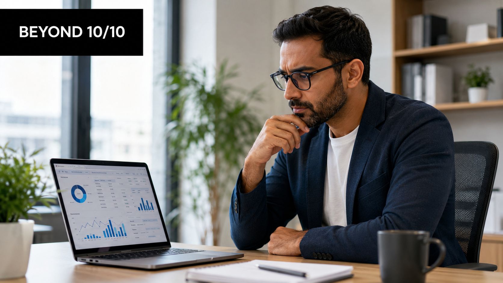A professional man with glasses sitting at a desk and analyzing data dashboards on his laptop screen.