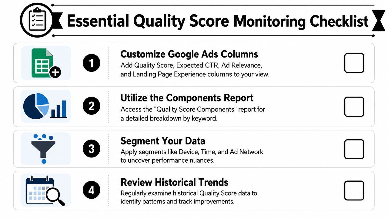 A checklist infographic titled Essential Quality Score Monitoring Checklist for optimizing Google Ads campaign performance.