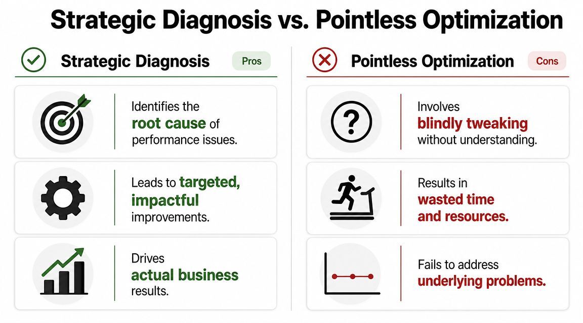 A comparison chart showing Strategic Diagnosis versus Pointless Optimization with their respective pros and cons.