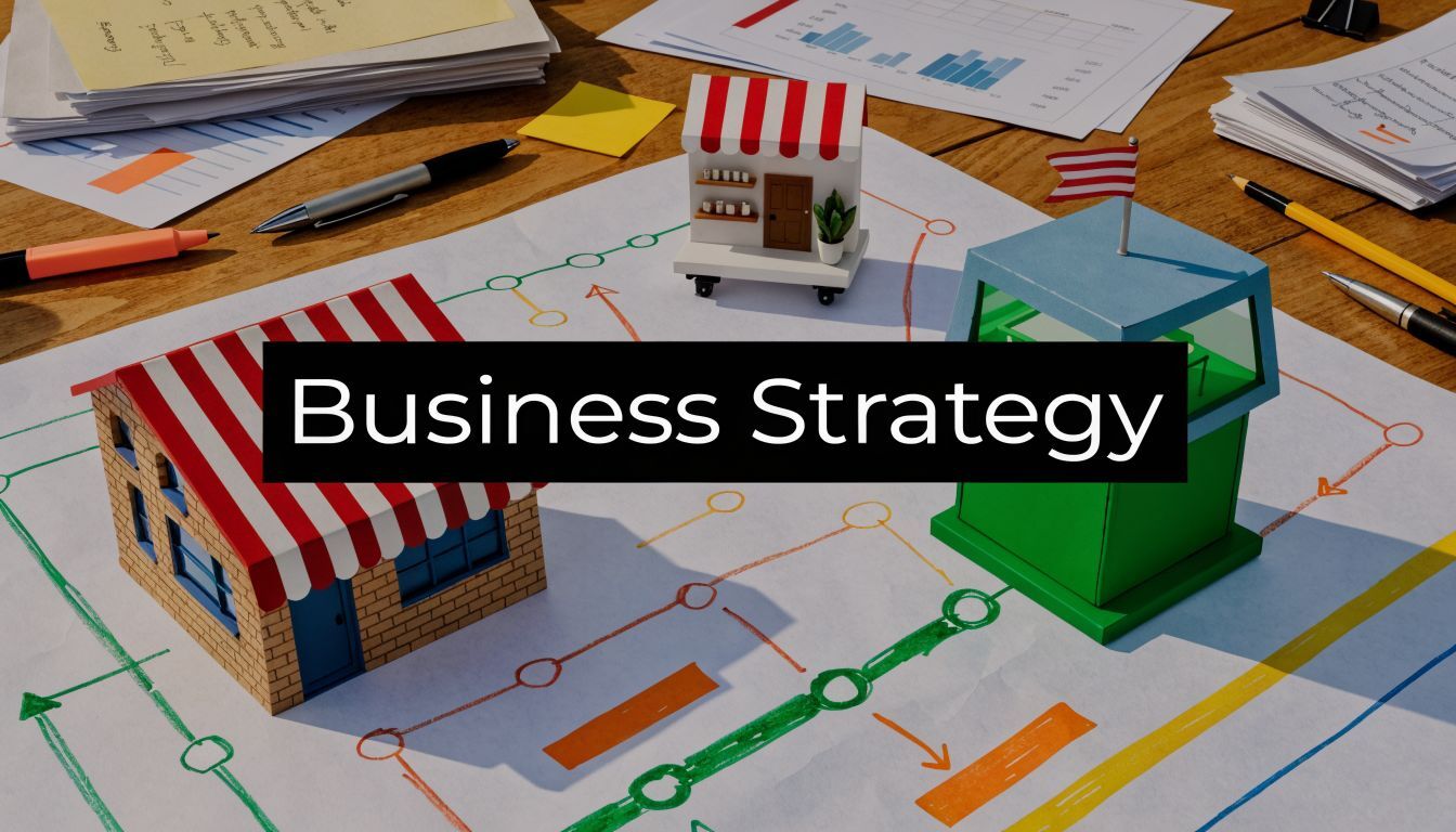 Miniature store buildings placed on a strategic business planning map with various office supplies on desk