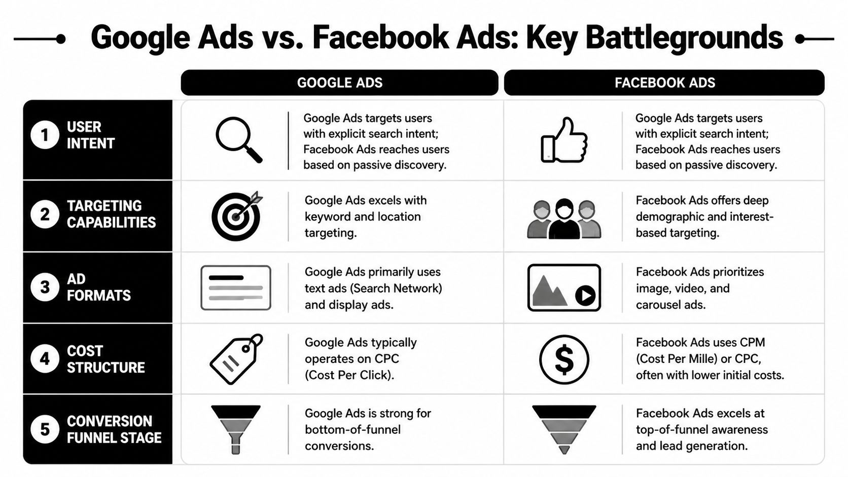 A comparison chart outlining the five main differences between Google Ads and Facebook advertising platforms for marketers.