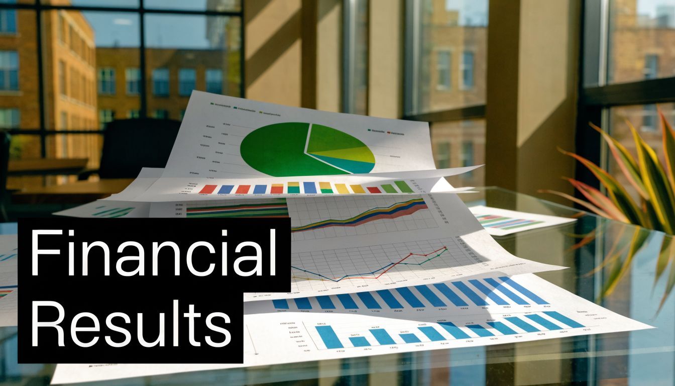 A close-up view of business charts and graphs on a desk with the text Financial Results overlaid.