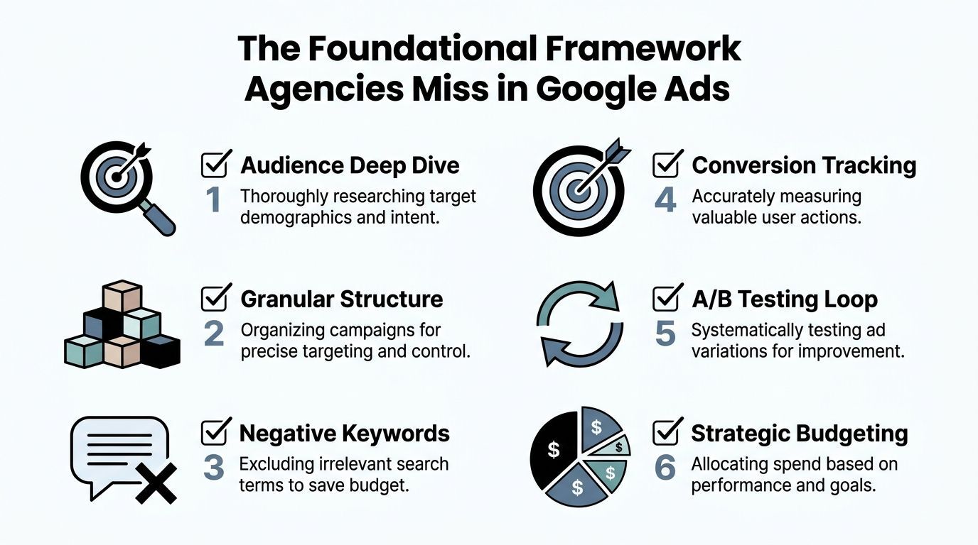 A diagram outlining the six foundational Google Ads framework steps that agencies often overlook.