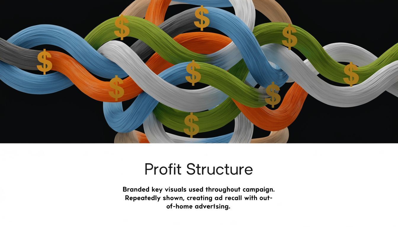 An abstract graphic illustration featuring intertwined colorful ribbons with golden dollar signs for a financial marketing campaign.