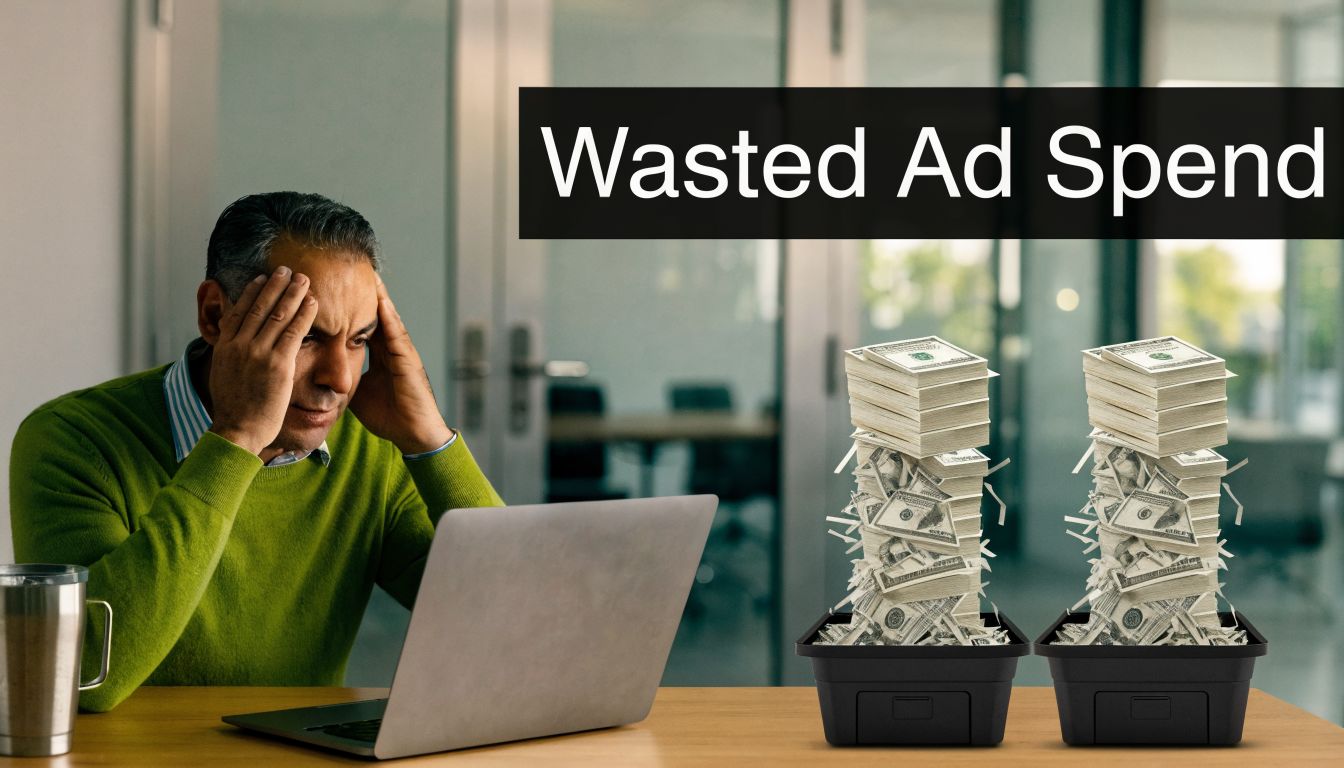 Stressed man at his laptop desk feeling frustrated by high wasted ad spend with money shredded.
