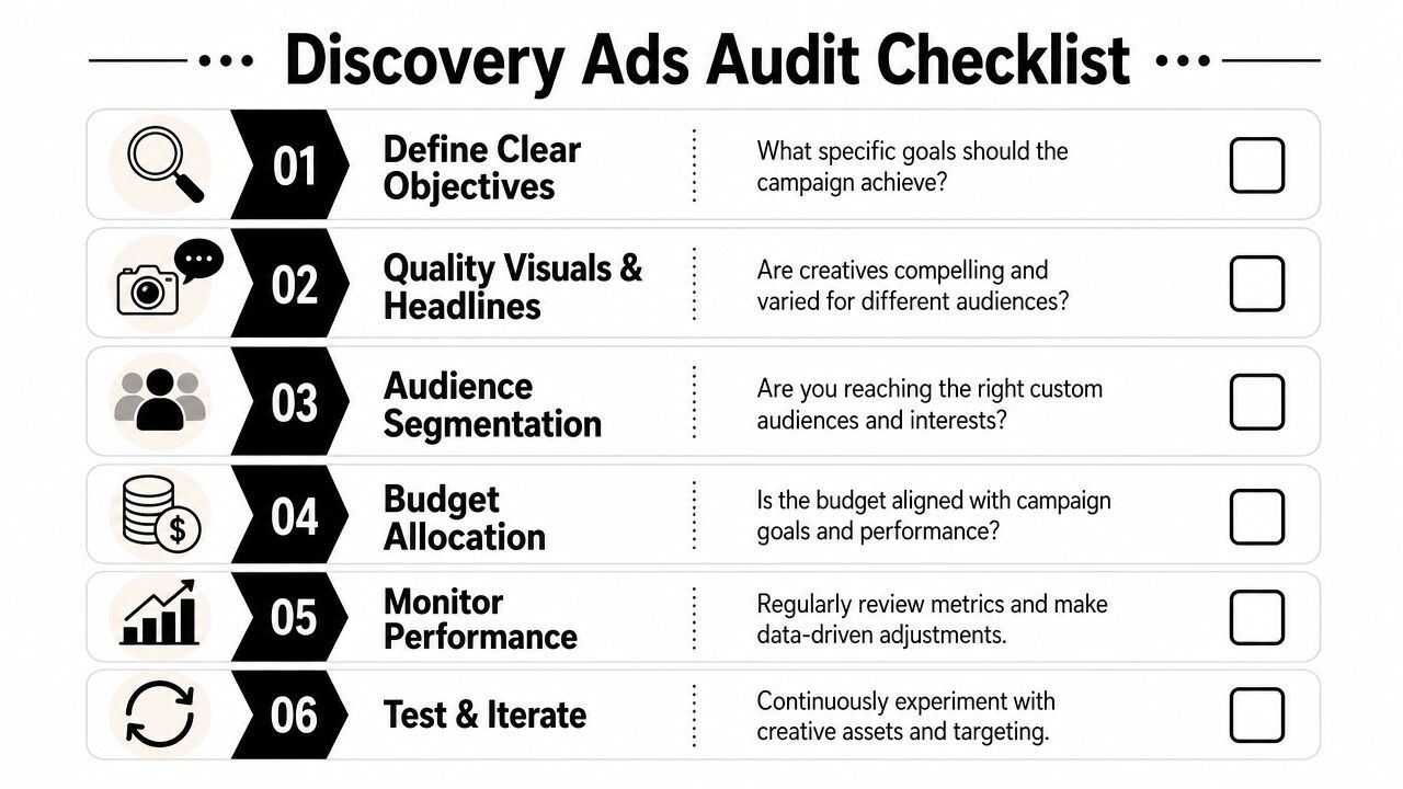 A six-point checklist for auditing Google Discovery Ads to improve marketing campaign performance and targeting effectiveness.
