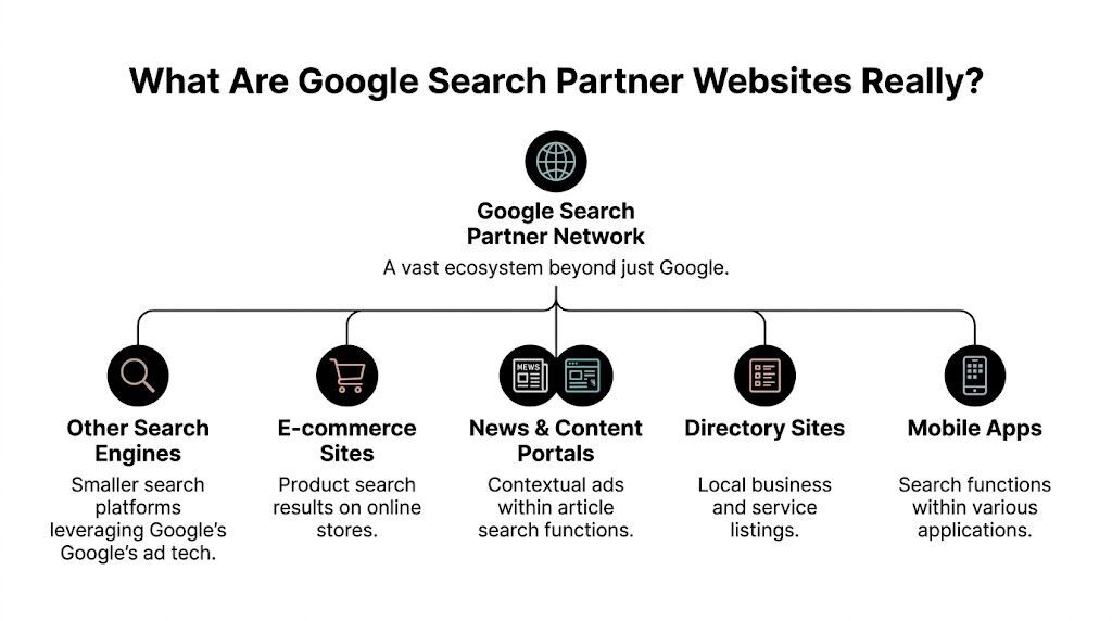 A diagram illustrating the components of the Google Search Partner Network including various types of websites and platforms.