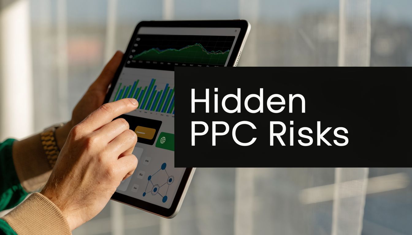 A person using a tablet to analyze digital marketing data related to hidden pay-per-click advertising campaign risks.