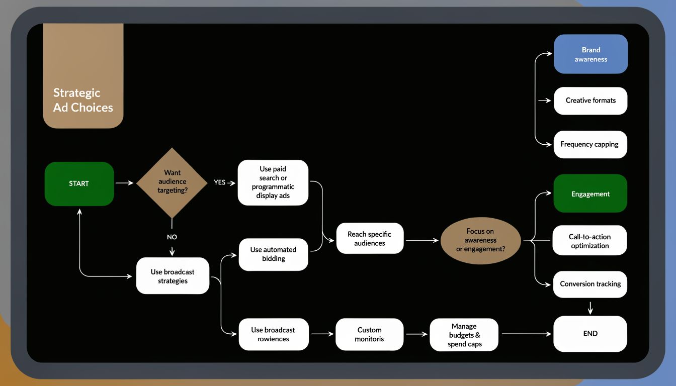 A flowchart titled Strategic Ad Choices guiding users through advertising decisions from audience targeting to campaign optimization.