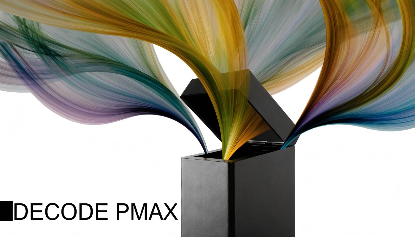 A black box opening with colorful abstract digital light waves flowing out, representing Google Performance Max data visualization.