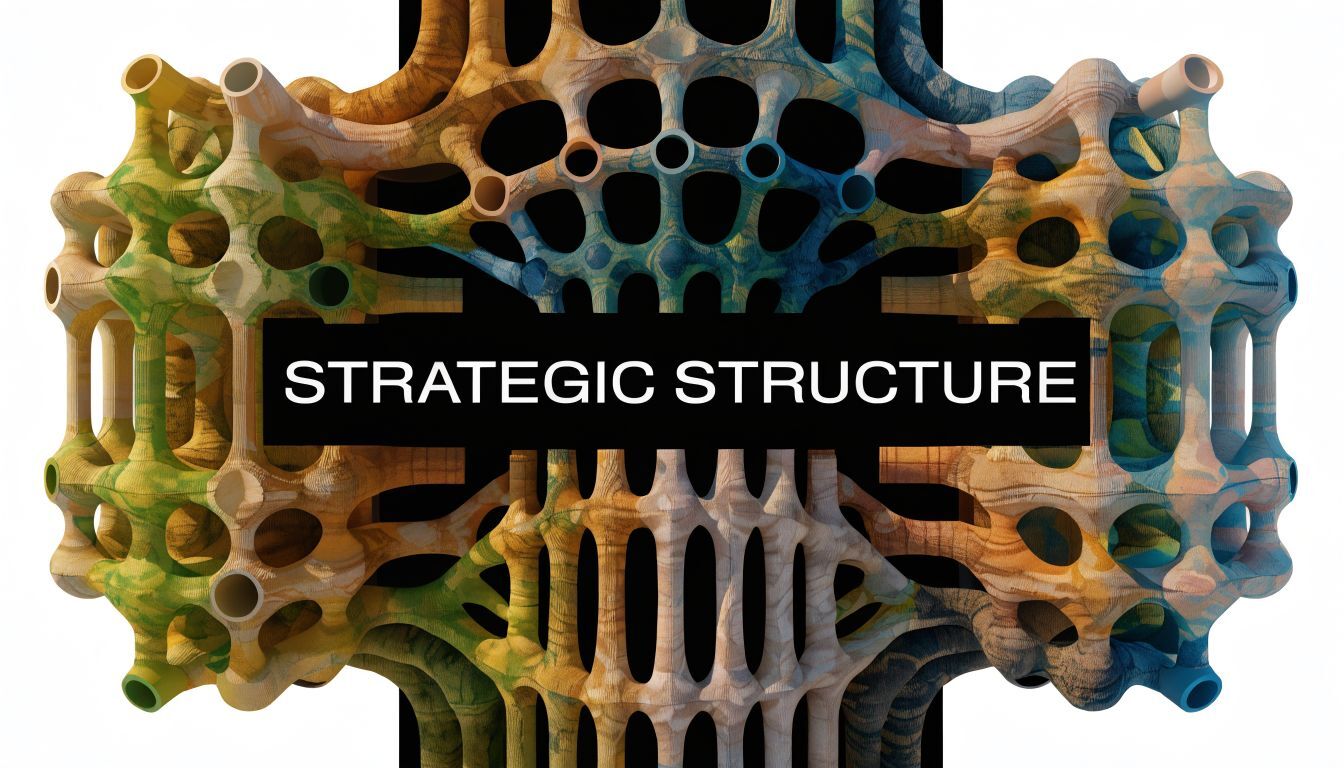 A 3D abstract render of a complex, interconnected organic structure with the words Strategic Structure centered.