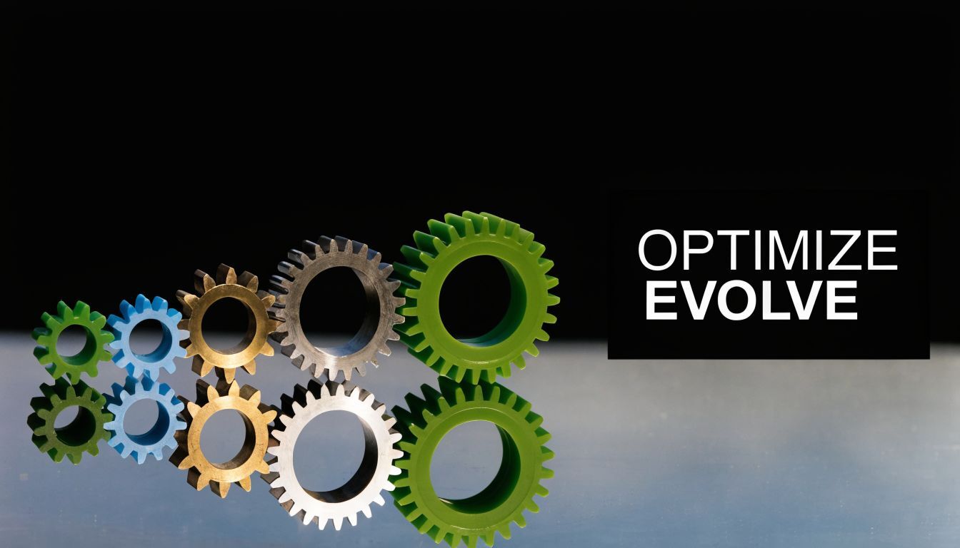 A line of colorful gears of increasing size arranged on a reflective surface with text overlay.