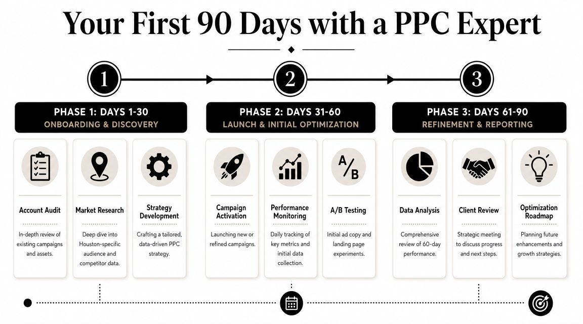 A three-phase 90-day roadmap for hiring a Houston PPC expert to manage and optimize digital campaigns.