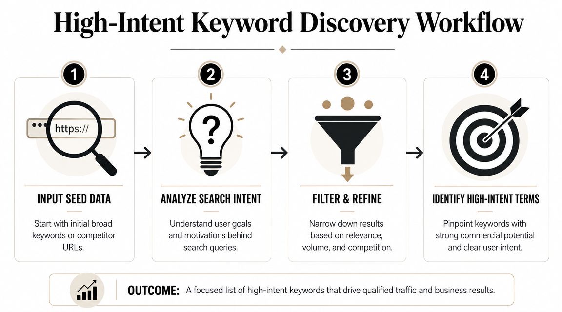 A flowchart showing a four-step professional workflow for discovering high-intent search keywords for SEO strategies.