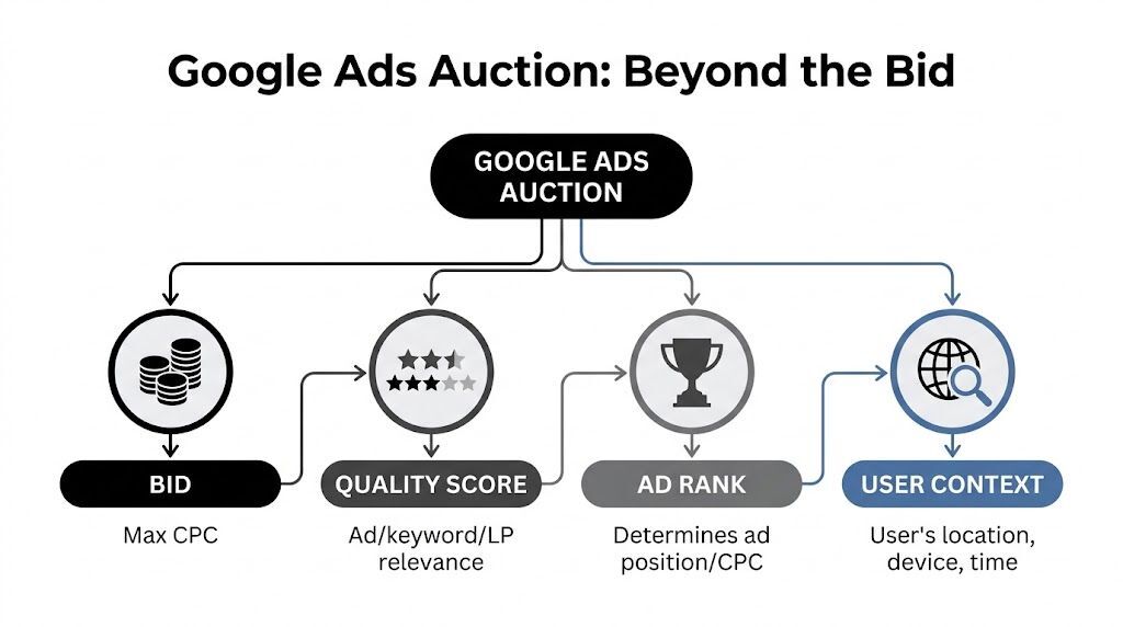 A diagram illustrating the four key components that determine the outcome of a Google Ads auction.