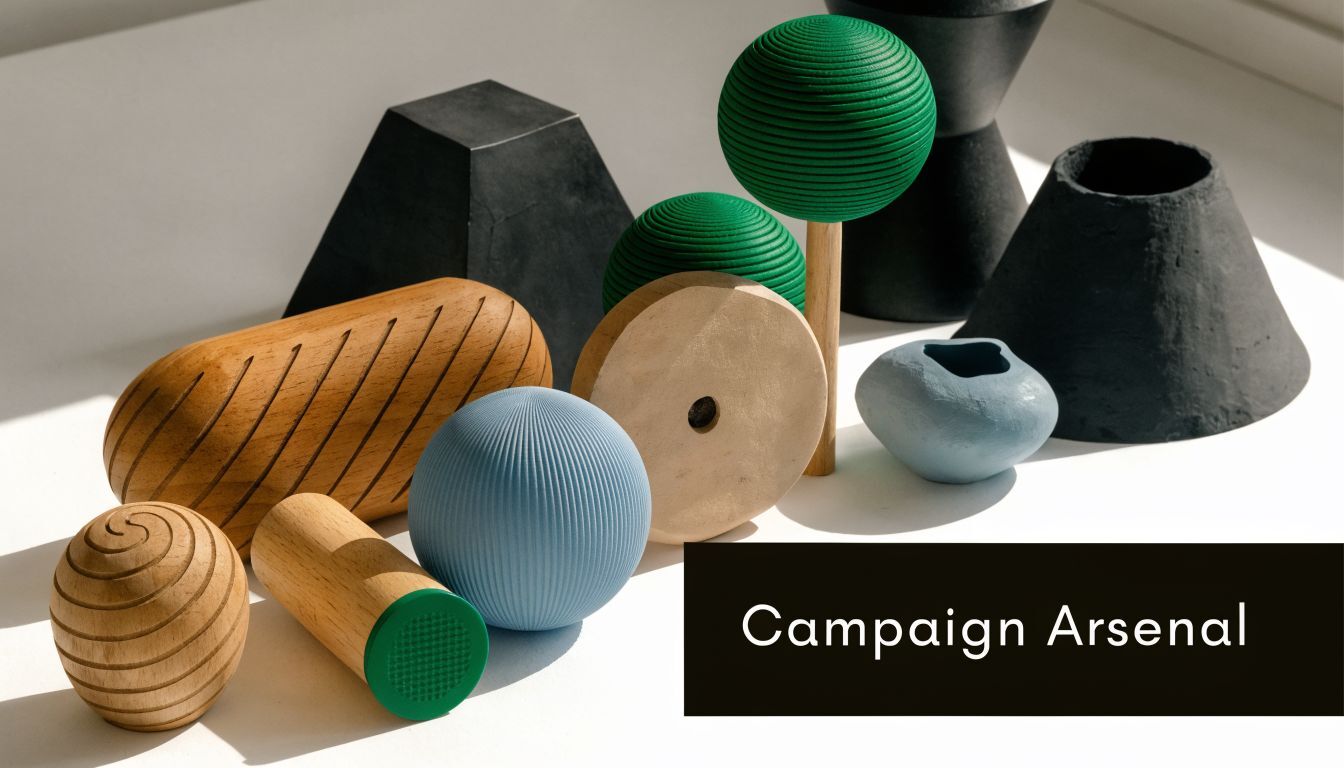 A collection of textured geometric wooden and ceramic shapes arranged on a white surface with lighting.