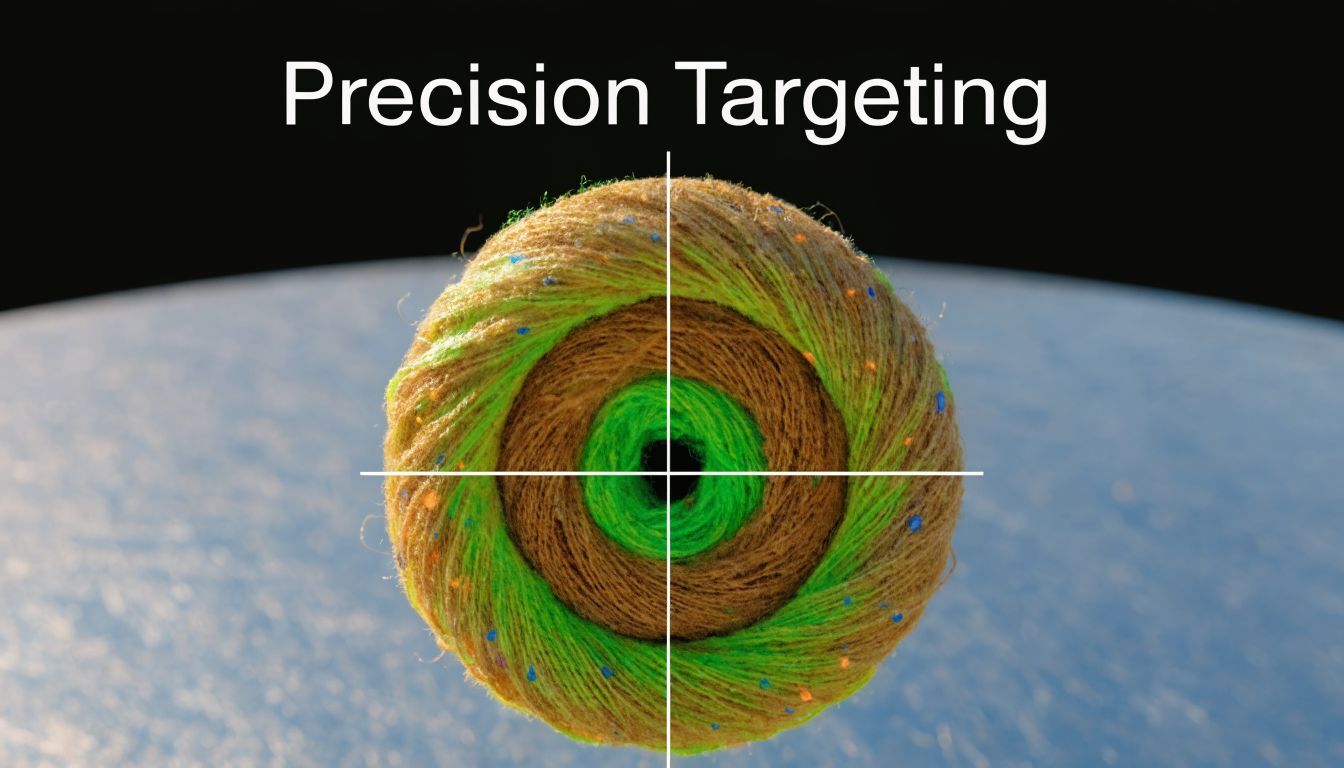A conceptual graphic illustrating precision targeting with a yarn ball centered behind a targeting crosshair overlay.