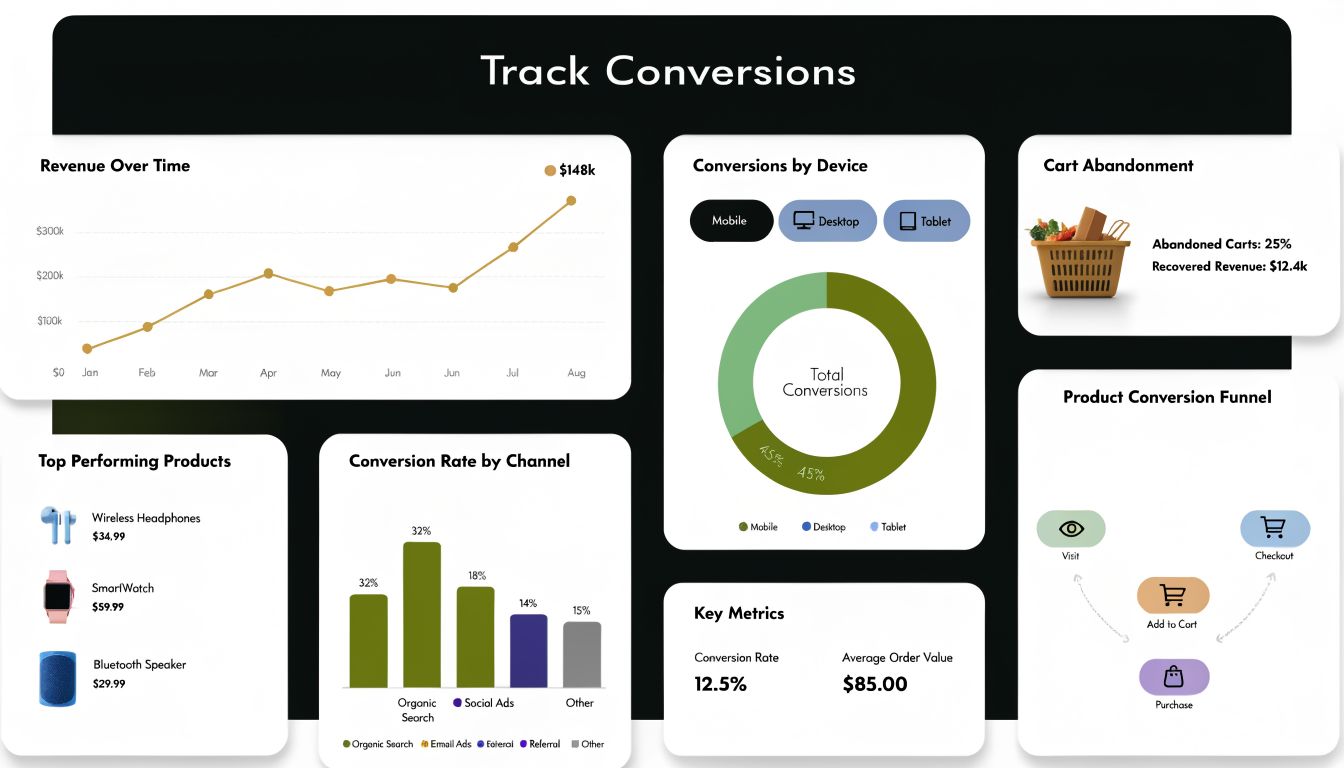 A digital dashboard showing e-commerce conversion metrics including revenue trends, device usage, channel performance, and funnel data.