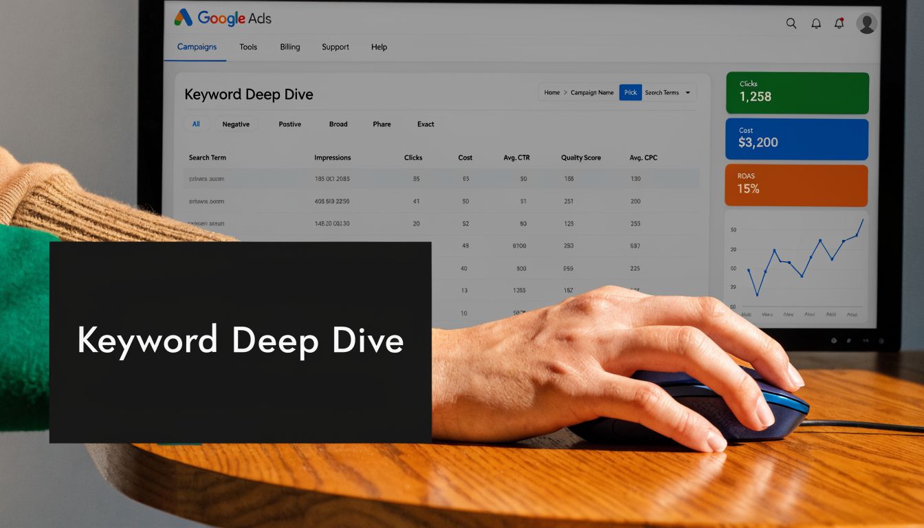 A professional analyzing a Google Ads account dashboard on a computer screen for marketing strategy insights.