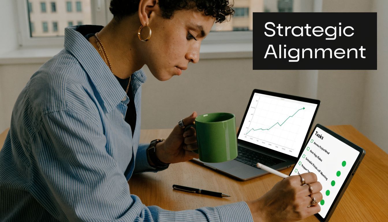 A person sitting at a desk with a laptop and tablet, focused on tasks and strategic alignment.
