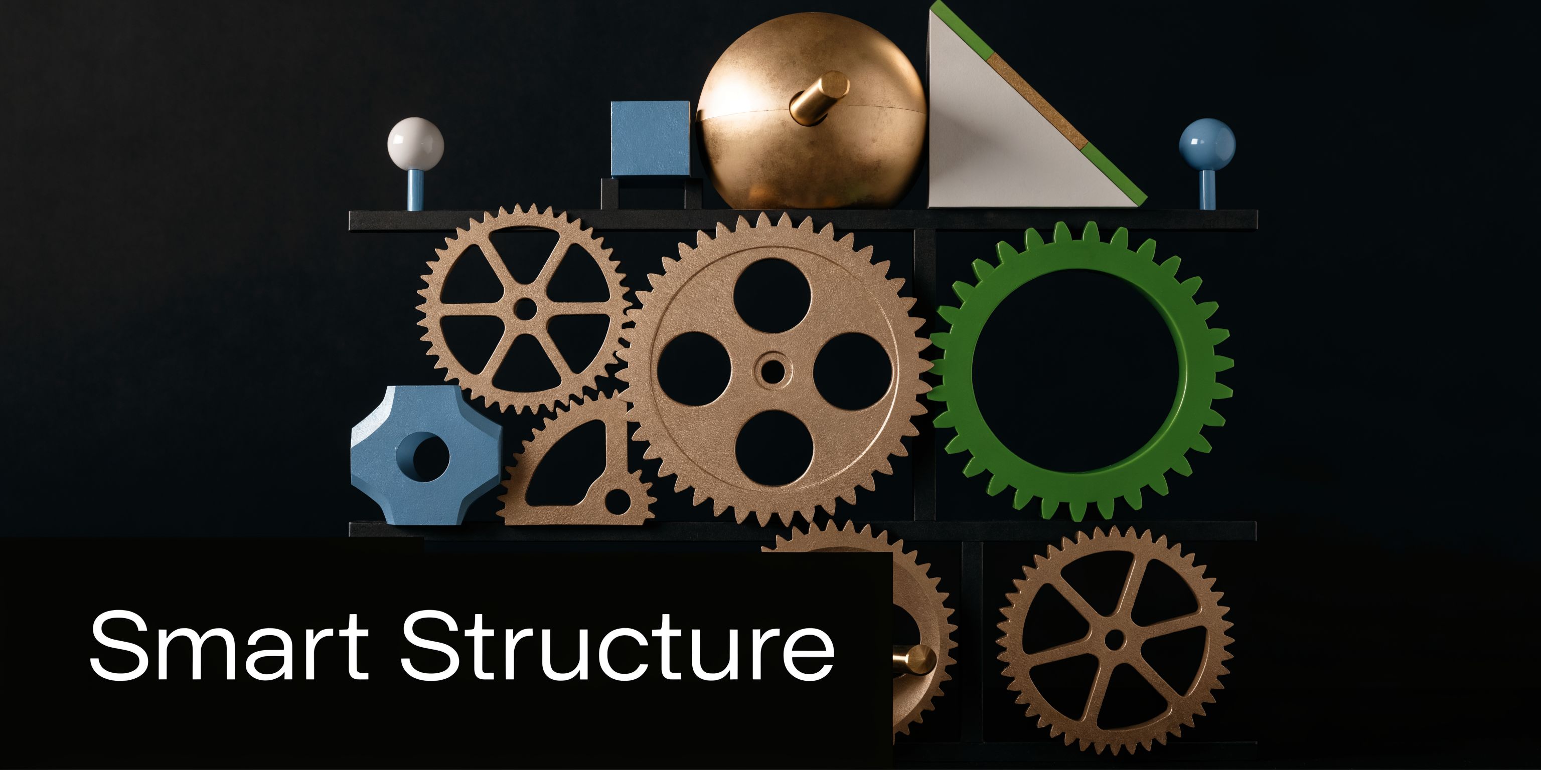 A collection of colorful geometric shapes and mechanical gears arranged on a black shelf, symbolizing engineering concepts.
