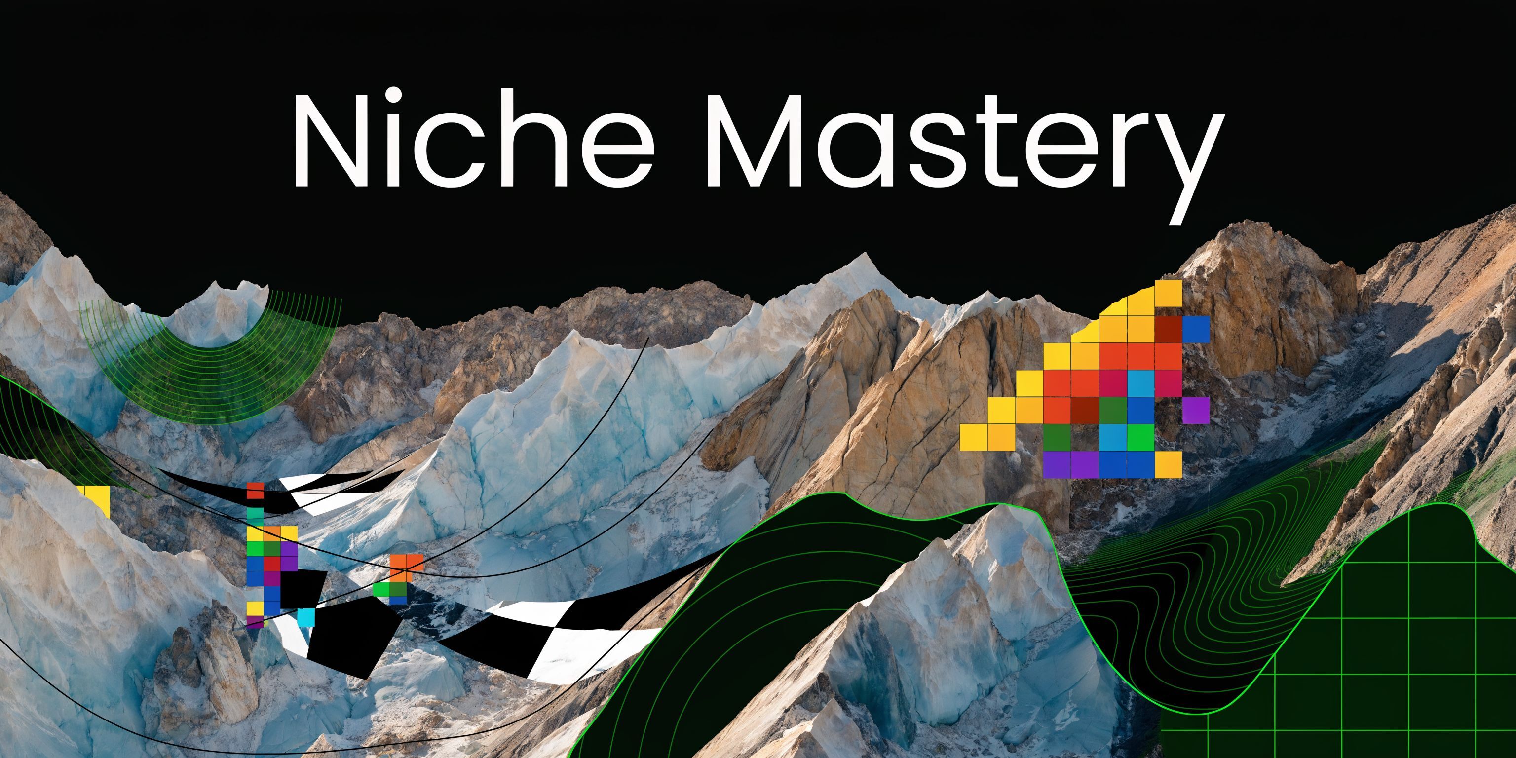 A conceptual graphic featuring a snowy mountain range overlaid with digital pixel art and topographical grid lines.
