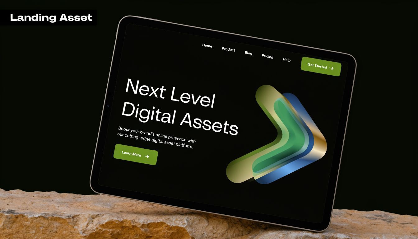 A digital tablet displaying a website landing page featuring abstract arrows on a rocky surface.