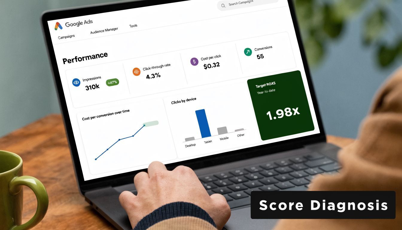 A person viewing Google Ads performance metrics and analytics on a laptop screen in an office.