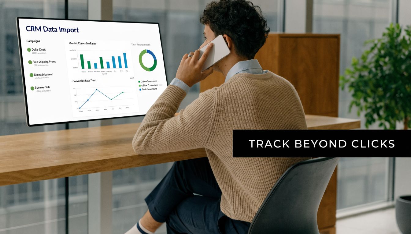 A professional analyzing CRM data charts and conversion rates on a computer screen while talking on the phone.