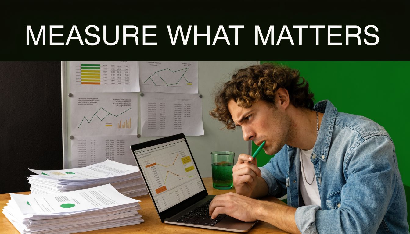 A focused man working on a laptop at a desk surrounded by business reports and charts.