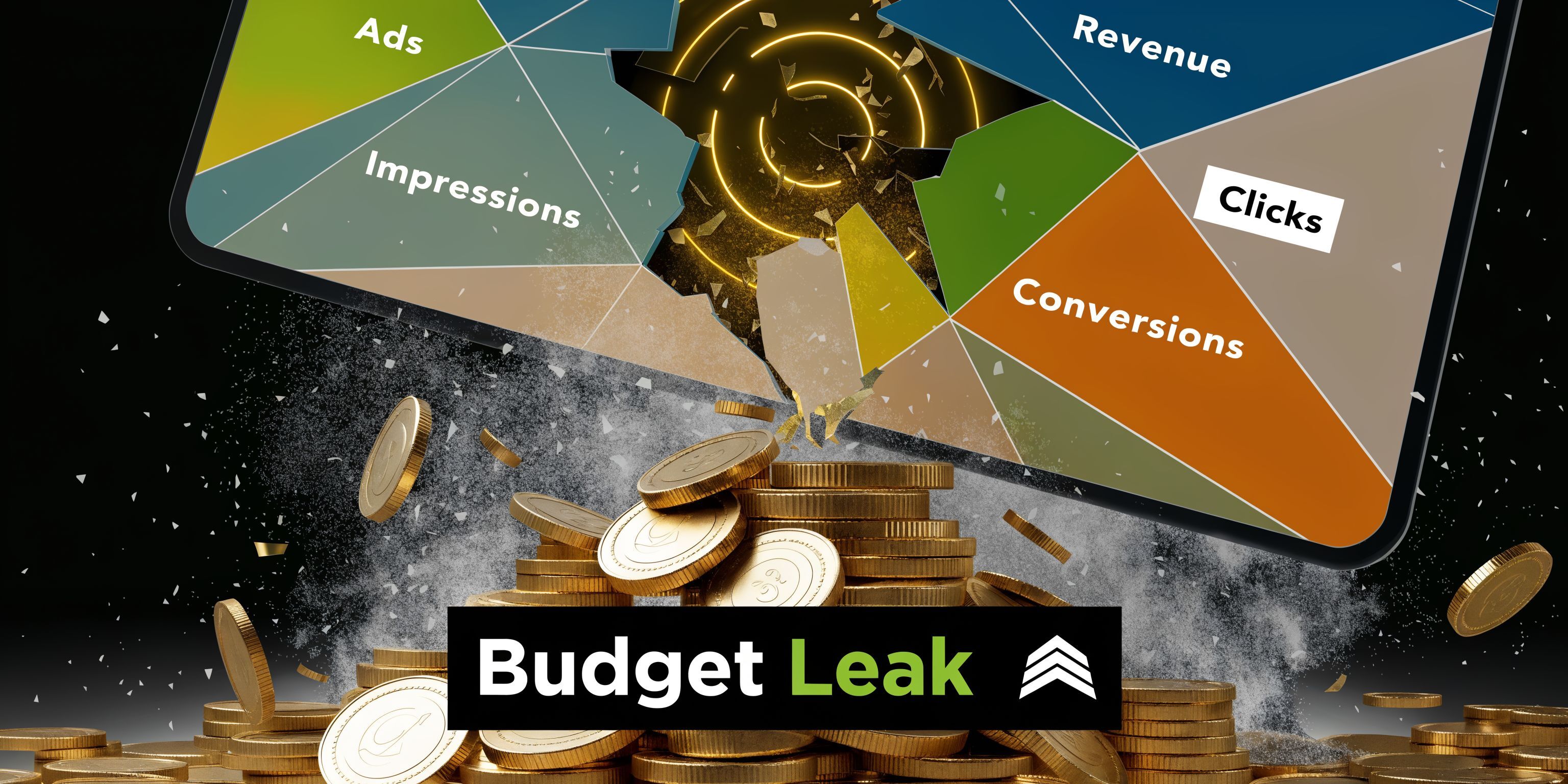 A conceptual graphic illustrating digital marketing budget leakage through broken ad campaign performance data screens.
