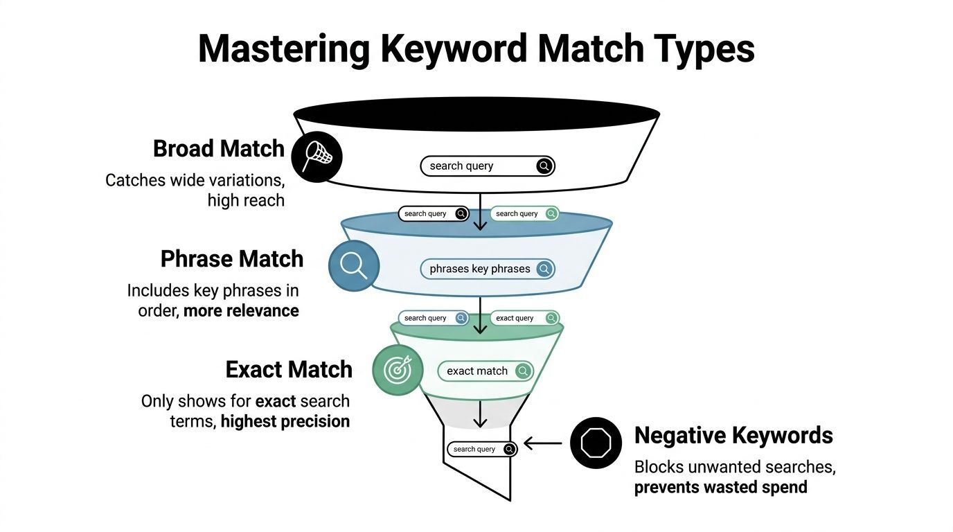 A funnel diagram explaining Google Ads keyword match types including broad, phrase, exact match, and negative keywords.