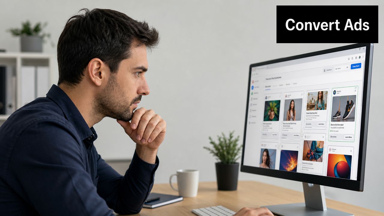 A professional man sitting at a desk looking at LinkedIn ad campaign performance on his computer screen.