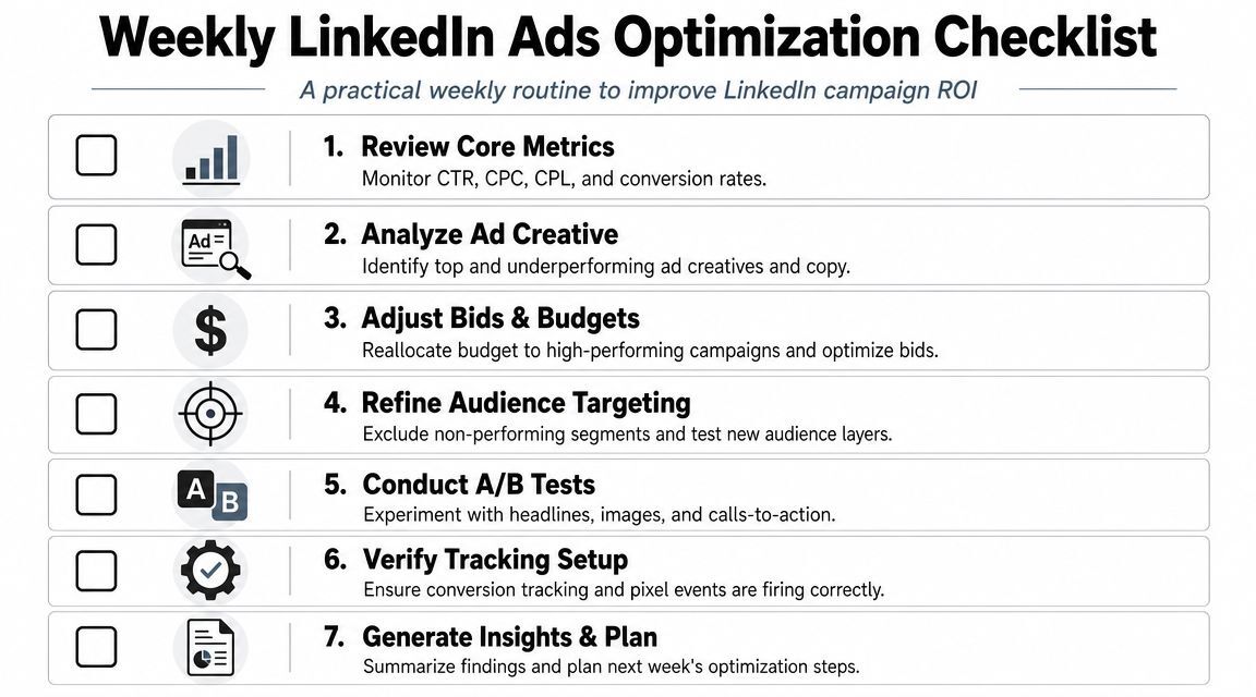 A checklist infographic titled Weekly LinkedIn Ads Optimization Checklist detailing seven essential steps for managing campaigns.