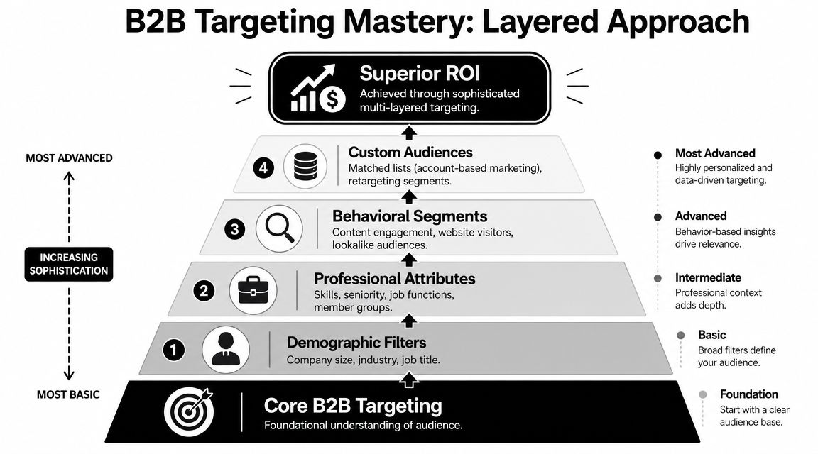 A pyramid diagram illustrating a layered approach to B2B targeting, from basic demographics to advanced custom audiences.