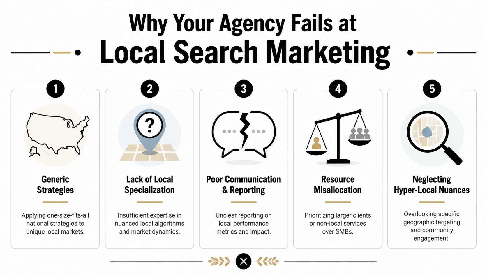 An infographic titled Why Your Agency Fails at Local Search Marketing listing five common reasons for failure.