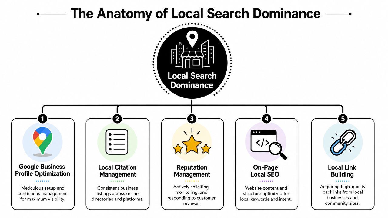 A diagram outlining five key pillars for achieving local search marketing dominance for your business.