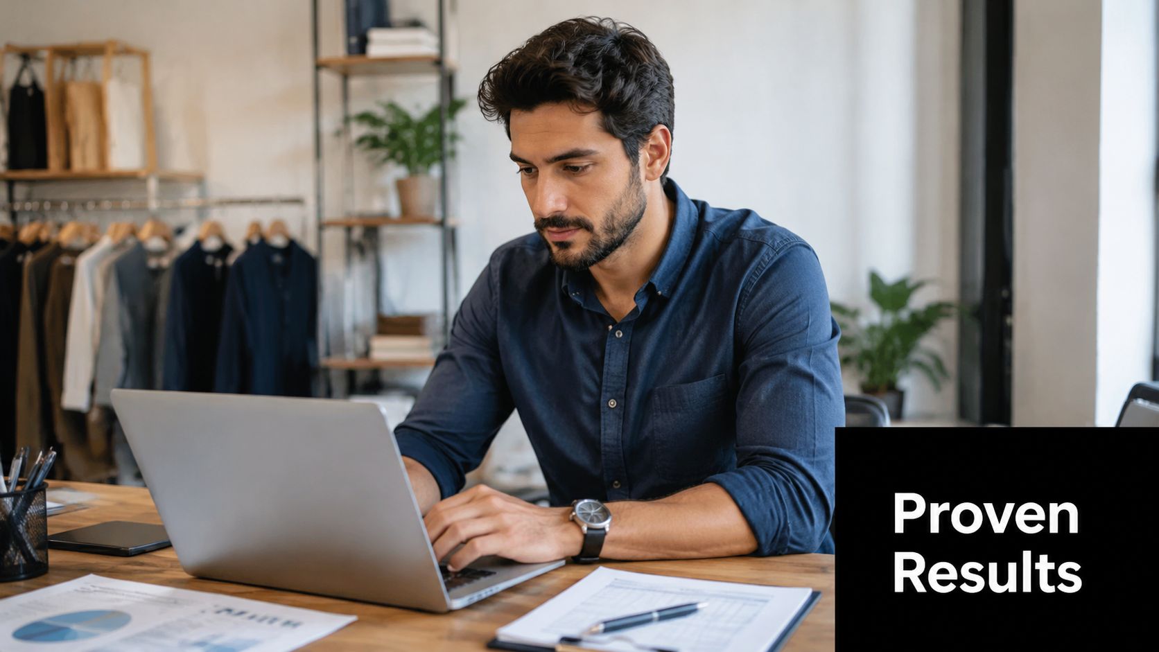 A professional man with a beard working on his laptop in a stylish office environment.