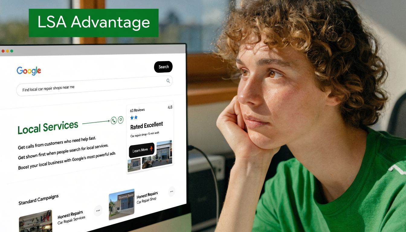 A young person looking at a monitor displaying Google Local Service Ads and marketing campaign information.